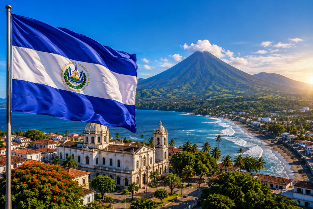 El Salvador flag overlooking the Pacific coast, colonial architecture, and a volcano landscape